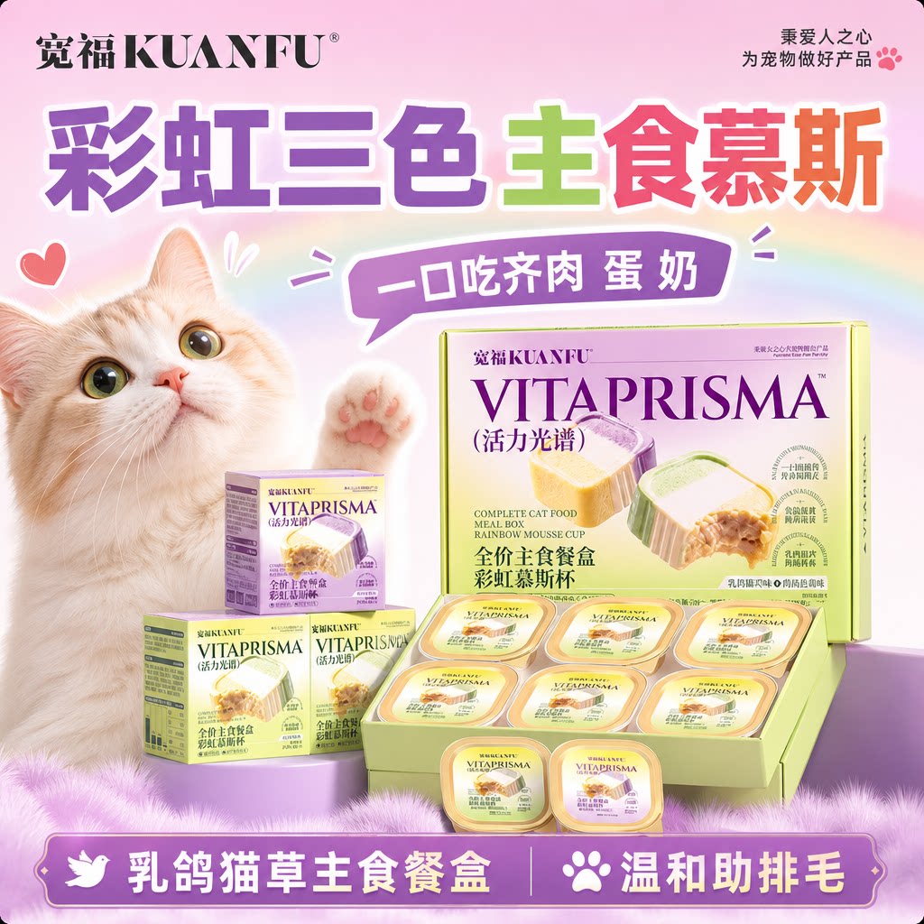 宽福主食猫罐头彩虹慕斯杯主食餐盒全价成幼猫乳鸽猫草营养湿粮S