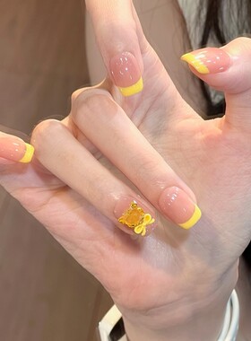 ks招财猫猫穿戴甲短款新款高级感手工黄色法式裸色美甲轻奢指甲片
