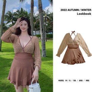 Nazal微胖mm驼色大码 v领2024 泳衣女遮肚显瘦连体性感高腰平角裤