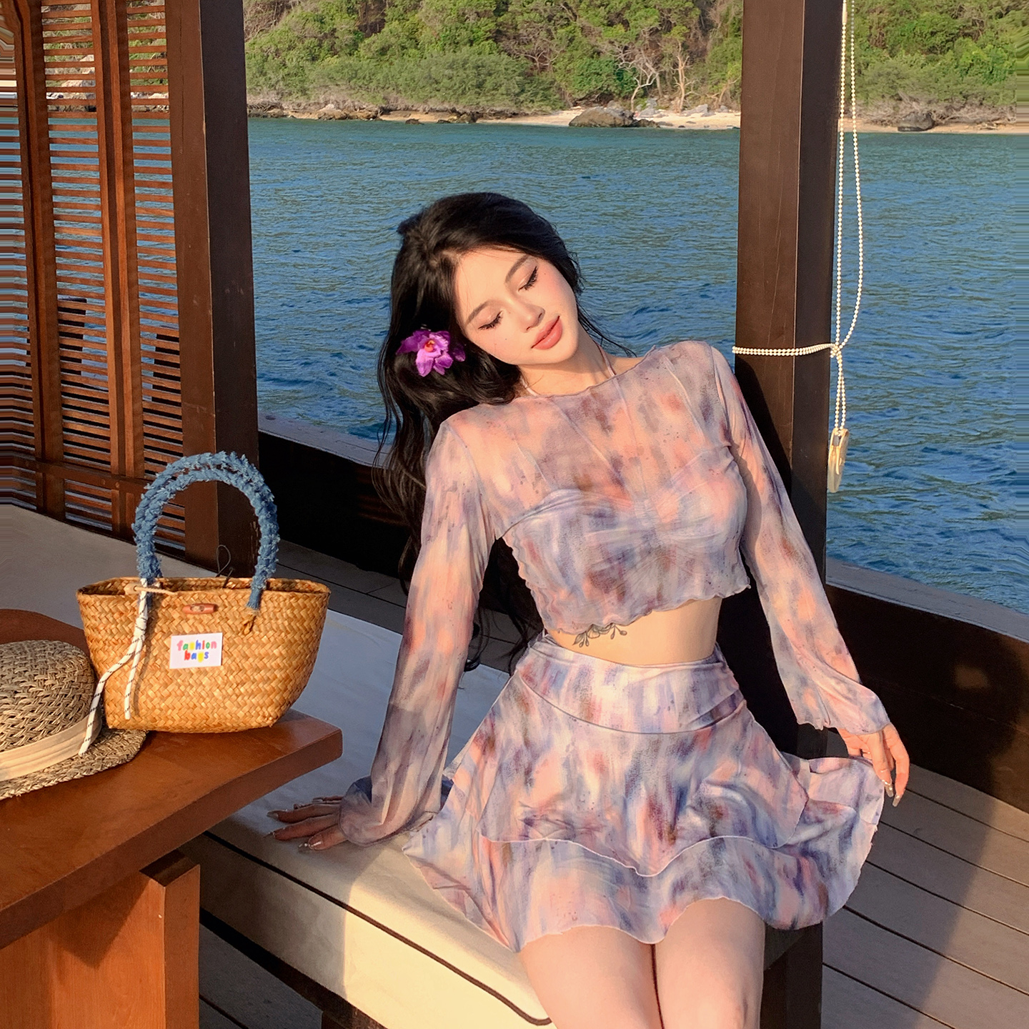 Nazal微胖mm度假分体三件套大码泳衣女200斤遮肉显瘦网红甜美碎花