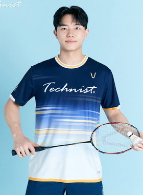 韩国代购直邮TECHNIST羽毛球服24清仓速干透气横条渐变短袖T恤