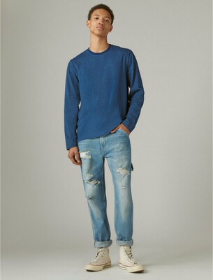 lucky brand男长袖T恤条纹复古纯色宽松大码美式