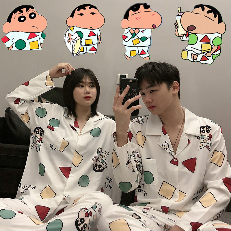 男女蜡笔小新情侣睡衣春秋季冰丝