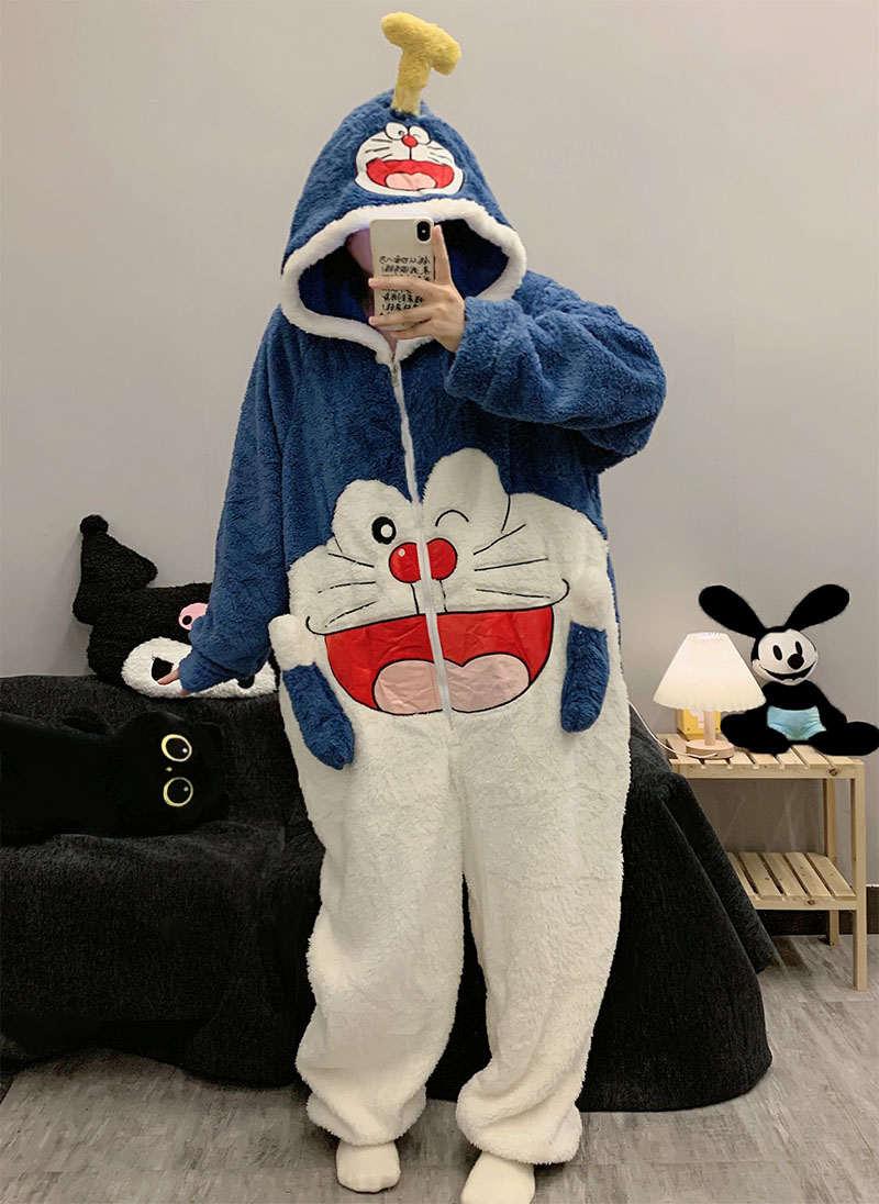 叮当猫连体睡衣冬加厚男女珊瑚绒