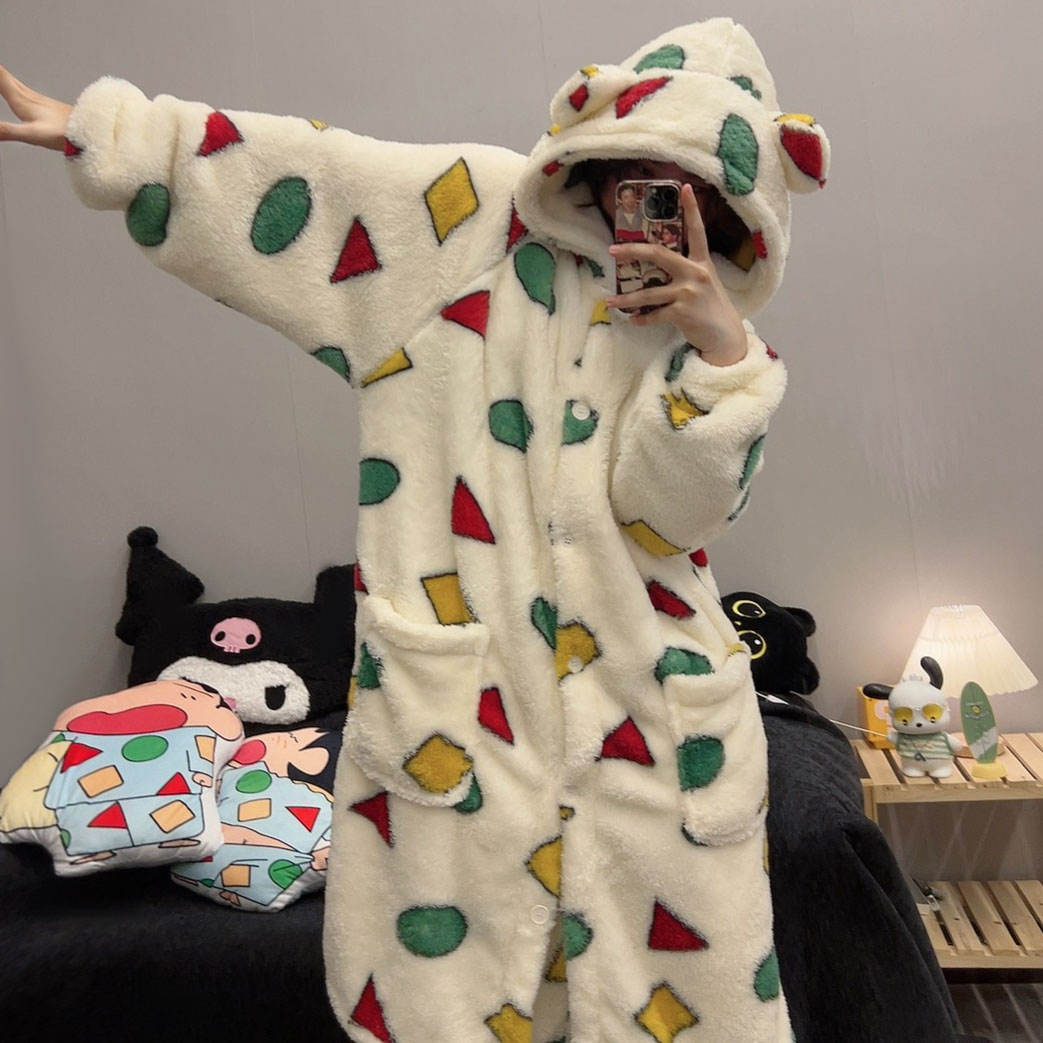 蜡笔小新同款睡衣秋冬男女珊瑚绒