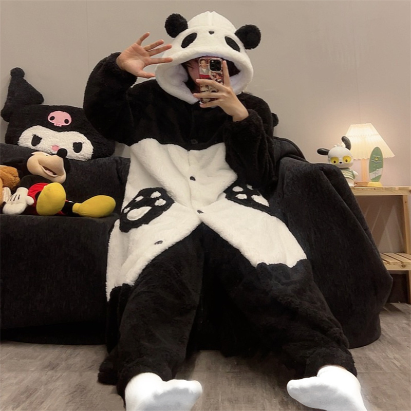 熊猫情侣睡袍秋冬加厚男女珊瑚绒