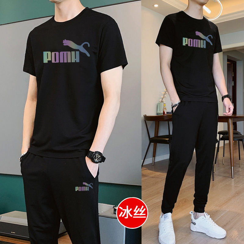 运动套装男夏季清凉冰丝短袖t恤纯棉时尚男装搭配帅气潮牌休闲服
