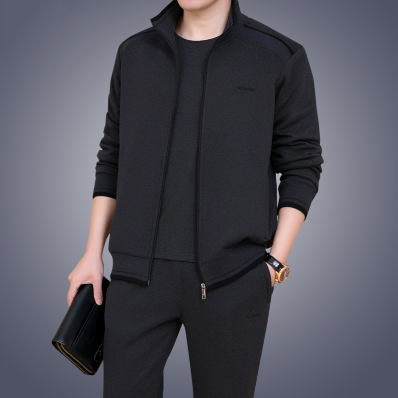 中老年纯棉运动服套装男春秋冬季加绒休闲运动三件套卫衣爸爸春秋