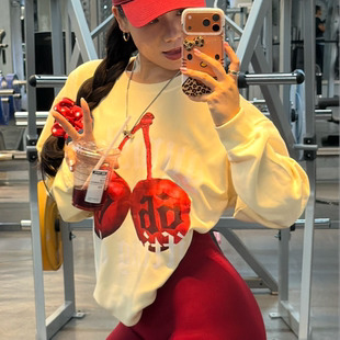 GYM鲨鱼樱桃圆领卫衣健身宽松长袖瑜伽运动跑步服