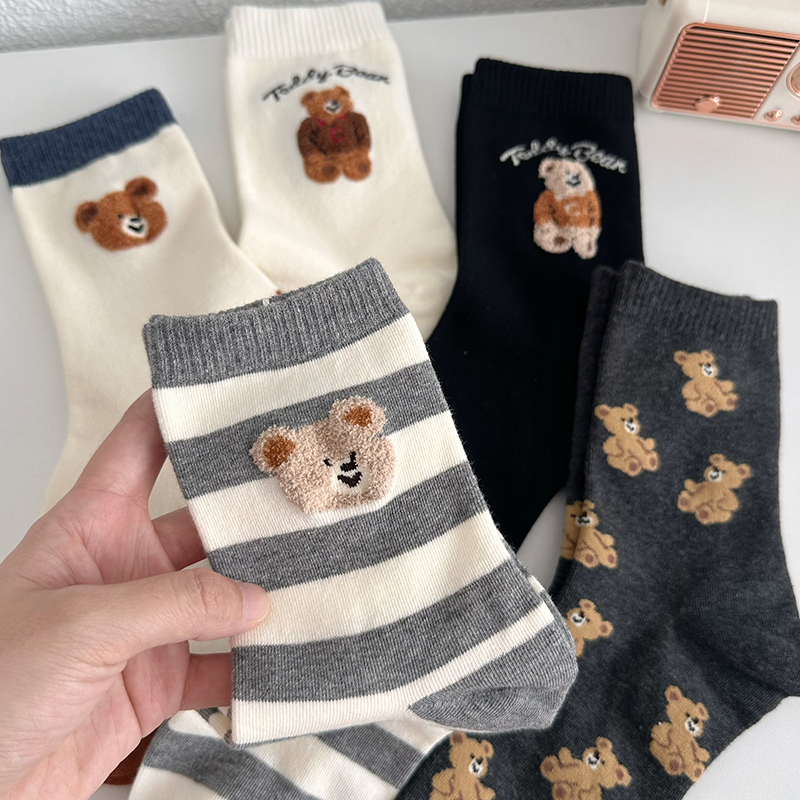 卡通小熊中筒袜纯棉春秋
