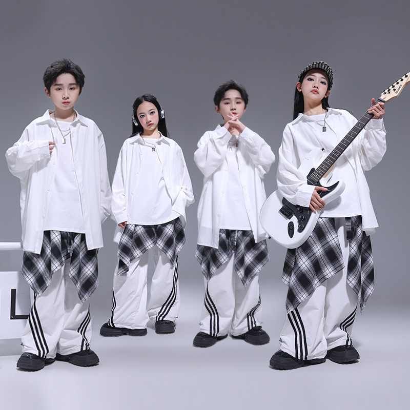 街舞儿童练功服男童帅气白色嘻哈hiphop演出服女童爵士舞现代舞服