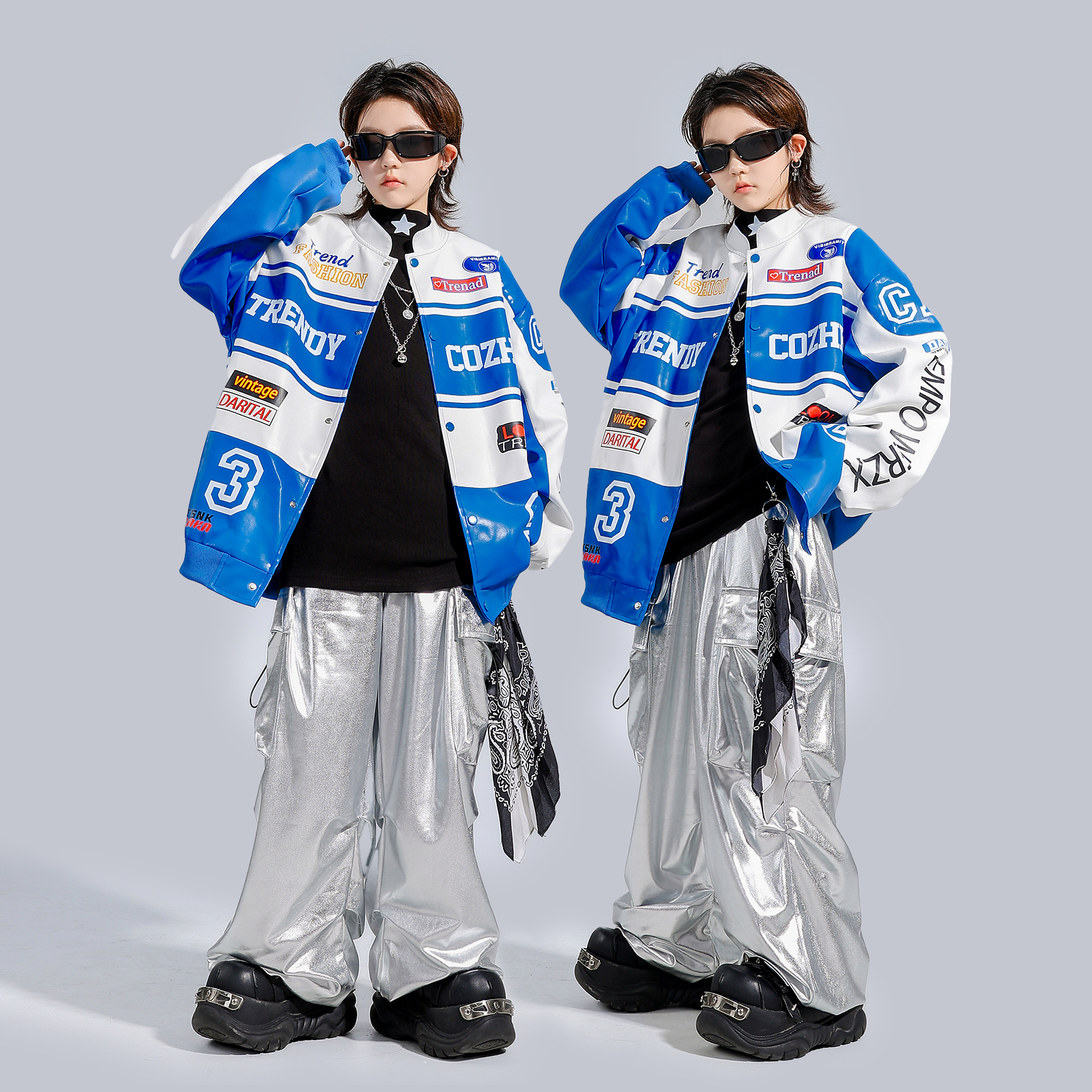 男童机车风蓝色皮衣HIPHOP表演服