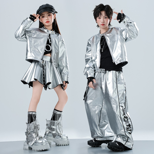 科技AI街舞儿童演出服男女童嘻哈银色皮衣酷炫潮服hiphop表演潮服