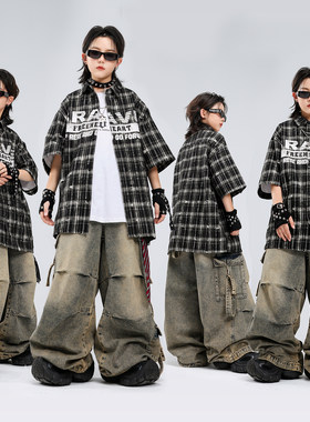 少儿hiphop格子衬衣牛仔裤街拍服