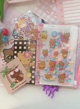 插画度假黑皮KT手账本透明外壳活页夹可替换内页彩色礼盒笔记本