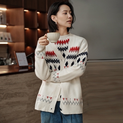 秋冬季重工提花100%山羊绒开衫女V领费尔岛拼色宽松针织外套上衣