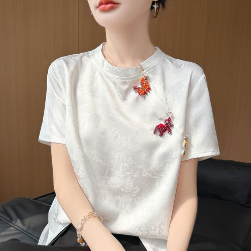 新中式国风缎面提花短袖女立领夏季新款小马盘扣宽松T恤开叉上衣