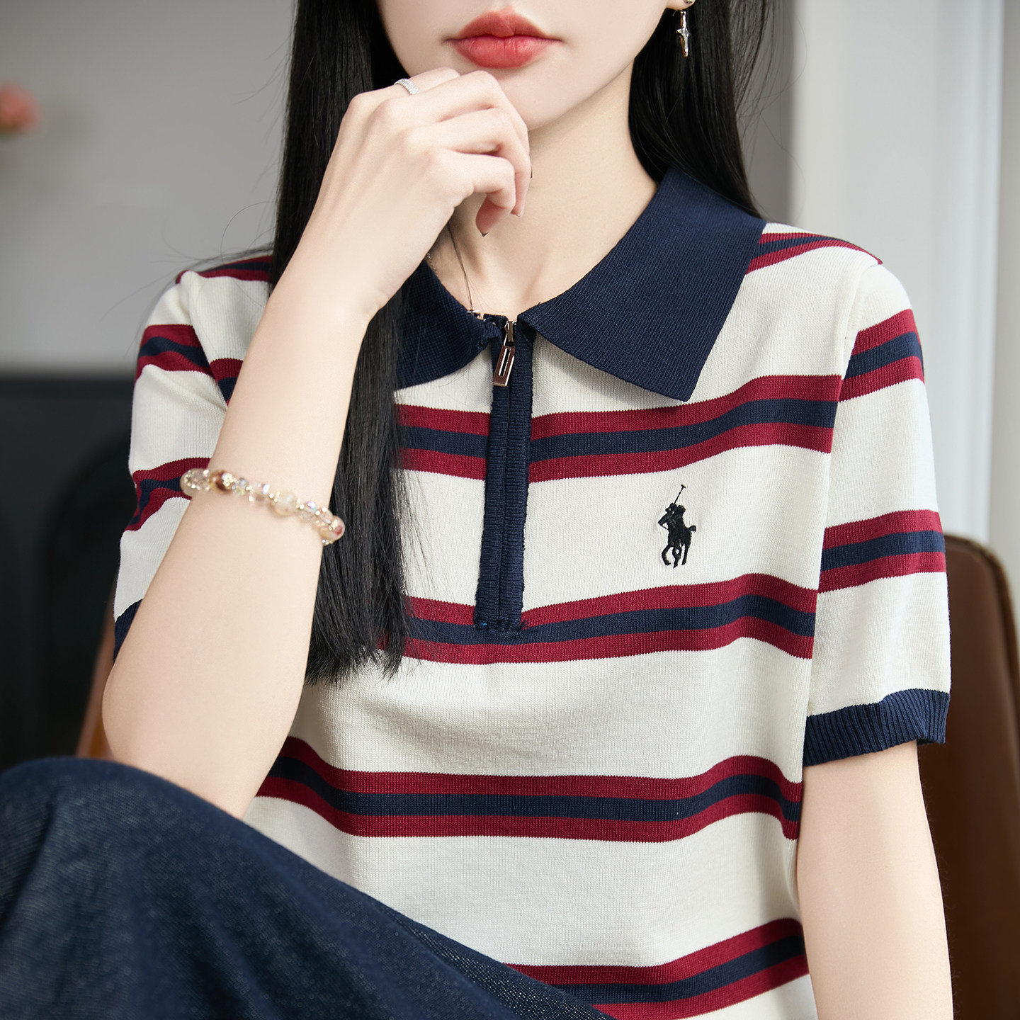 夏季新款条纹POLO领短袖女士翻领小马刺绣套头背心冰丝凉感针织衫