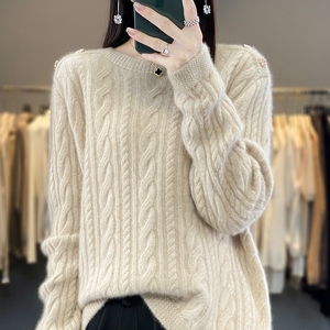 100羊绒衫女宽松圆领扭花纯色毛衣秋冬新款绞花加厚羊毛针织打底