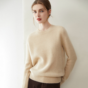 时尚气质100%纯山羊绒衫女圆领夹花马鞍肩宽松毛衣百搭针织打底衫