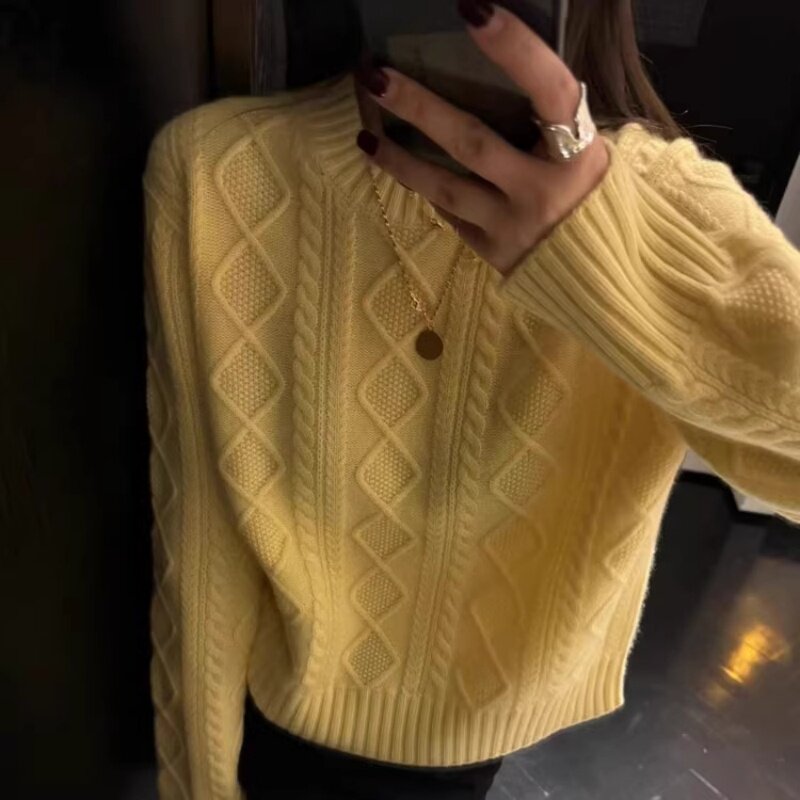 重工菱形麻花山羊绒衫女圆领宽松显瘦短款毛衣欧货时尚针织羊毛衫