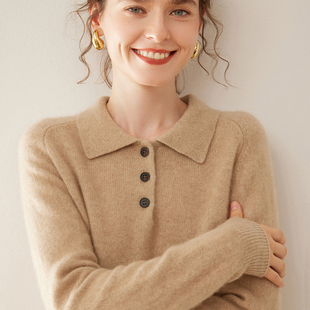 女POLO领宽松舒适纯色保暖软糯毛衣针织打底羊毛衫 双股加厚羊绒衫