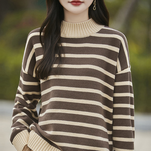 秋冬加厚100%纯棉毛衣女半高领经典 条纹时尚 宽松针织衫 显瘦打底衫