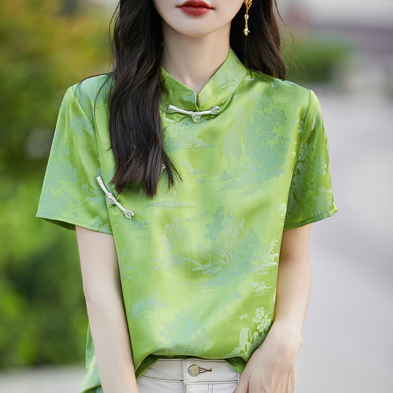高端新中式国风短袖衬衫女复古提花缎面盘扣斜襟T恤时尚显瘦上衣