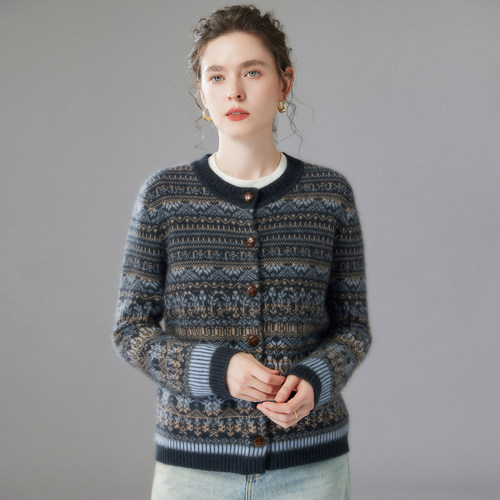 费尔岛提花圆领羊绒开衫女短款宽松保暖外套毛衣外搭高端针织上衣