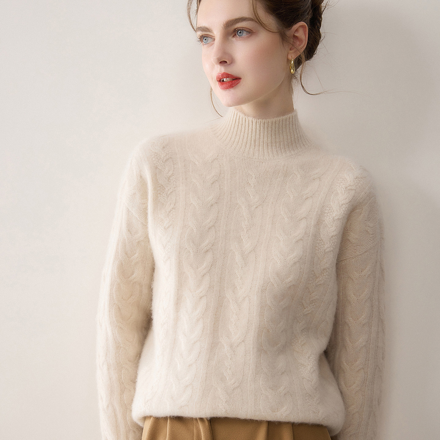 重磅加厚半高领100%纯山羊绒衫女宽松麻花针织毛衣减龄显瘦打底衫