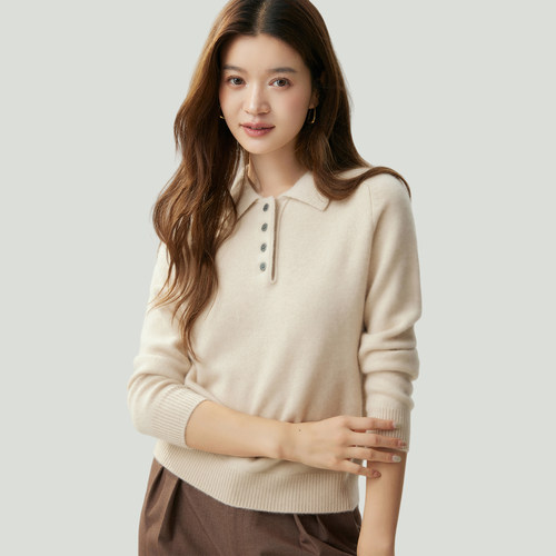 POLO领纯山羊绒女马鞍肩针织毛衣