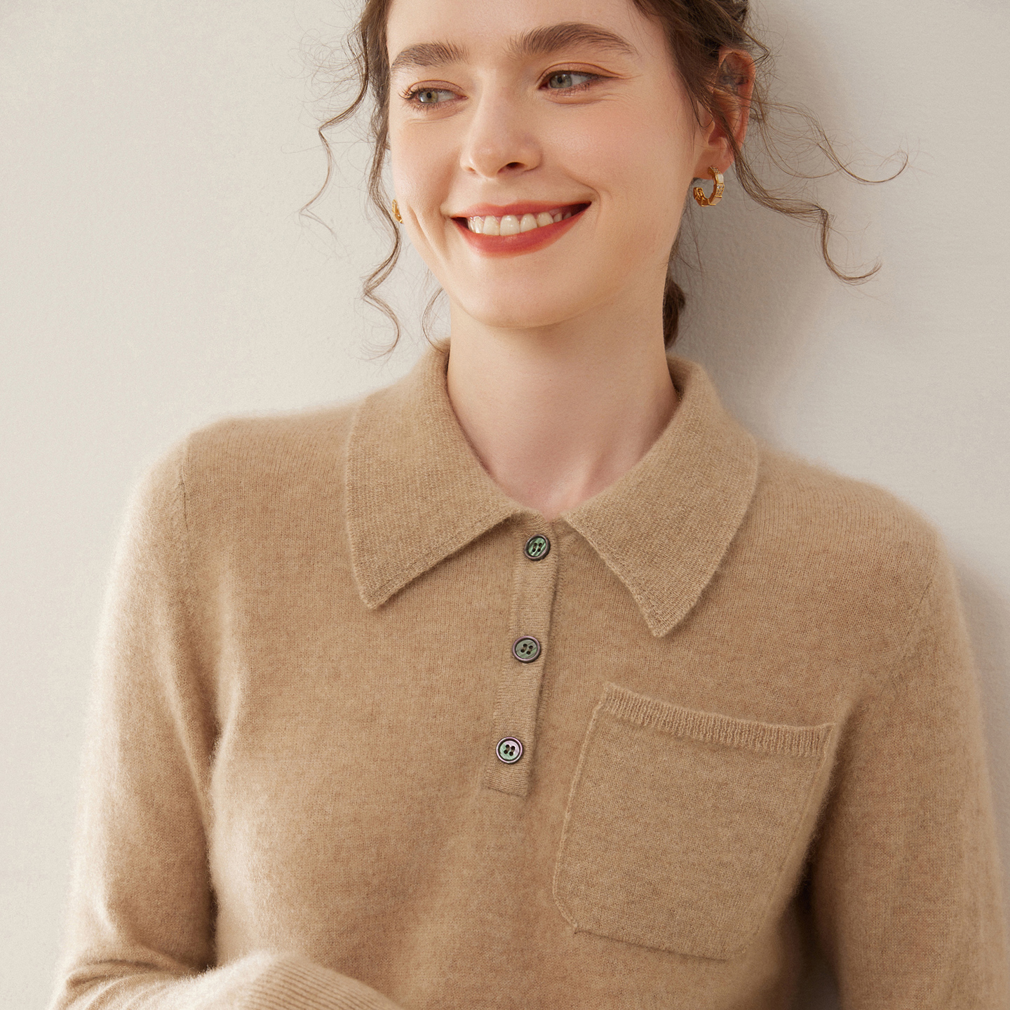 高端气质山羊绒衫女POLO领翻领宽松带兜毛衣时尚内搭针织打底上衣