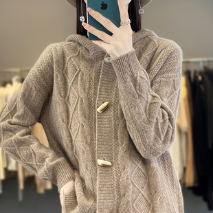 牛角扣100%纯羊毛开衫 女连帽宽松时尚 毛衣外套洋气羊绒衫 针织帽衫
