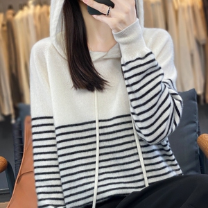 100%纯羊绒衫连帽女宽松拼色毛衣条纹帽衫减龄羊毛衫针织打底休闲