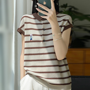 T恤气质显瘦半袖 夏季 时尚 冰丝短袖 撞色上衣 女POLO领条纹刺绣韩版