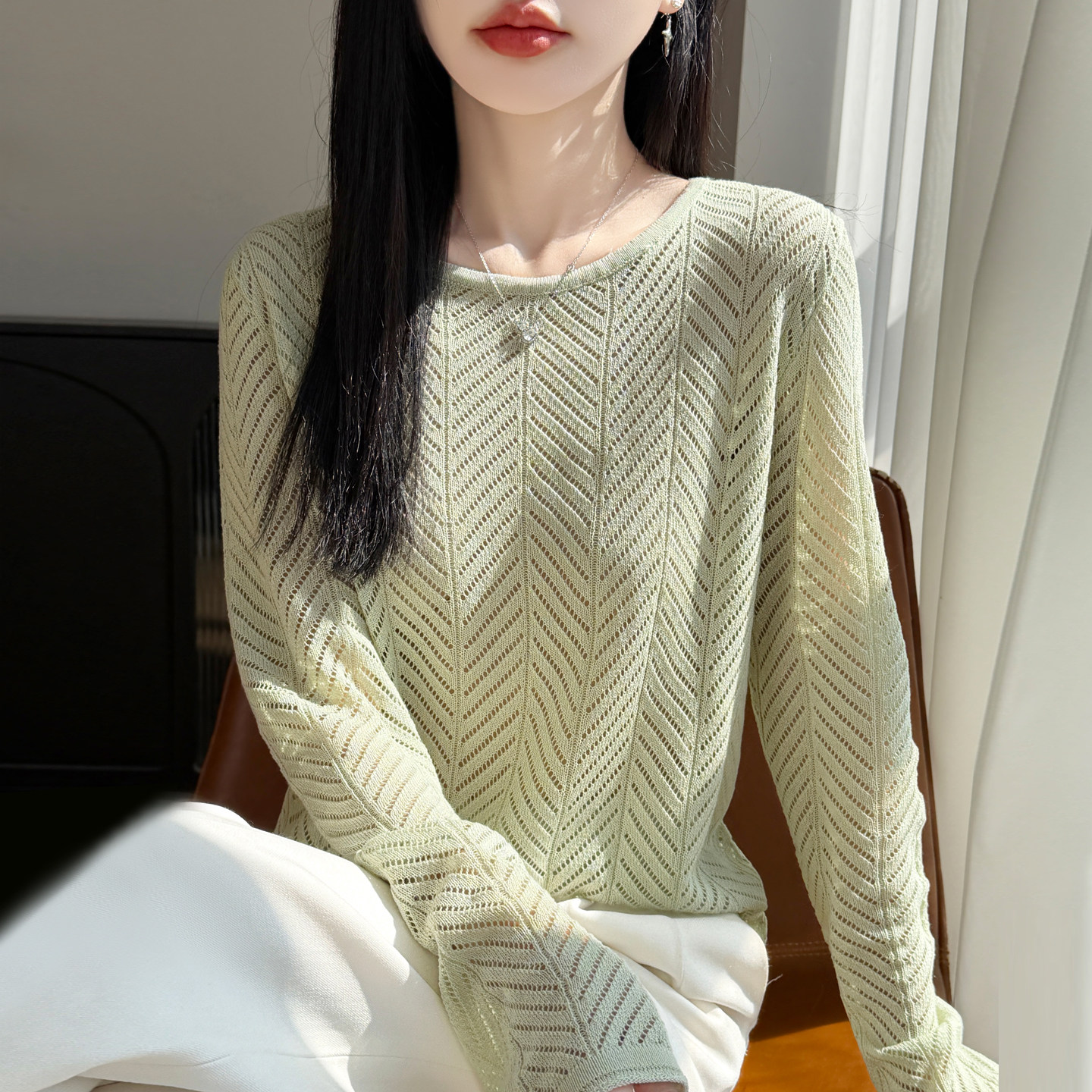 法式温柔风鱼骨纹镂空针织衫女圆领遮肉显瘦套头气质百搭微透上衣