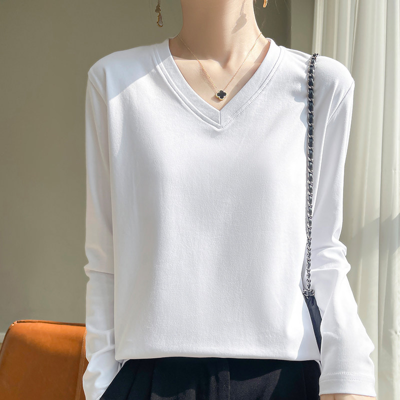 高品质100%纯棉T恤女V领宽松大码长袖打底衫纯色百搭全棉休闲上衣