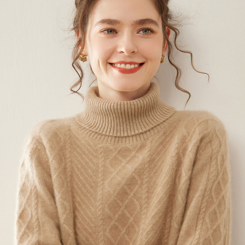 重工绞花新款羊绒衫女高领套头宽松加厚毛衣高端羊毛衫针织打底衫