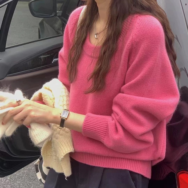 玫红色100%纯羊毛衫女秋冬新款宽松慵懒加厚毛衣欧货高端针织打底