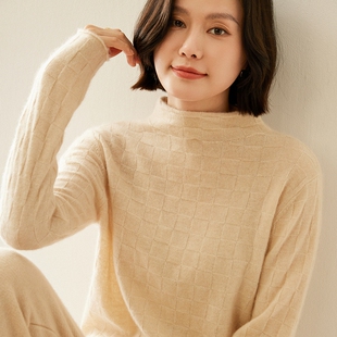 棋盘格半高领山羊绒衫女套头宽松保暖显瘦针织打底衫温柔洋气毛衣