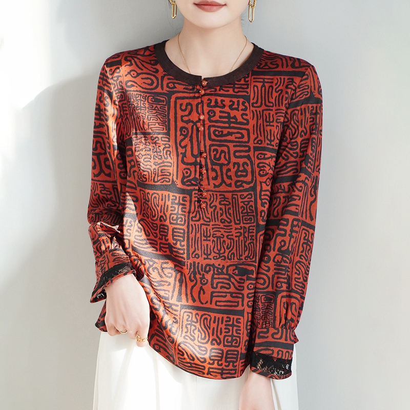 新中式复古仿香云纱衬衫女圆领宽松小香风印花小衫时尚显瘦打底衫