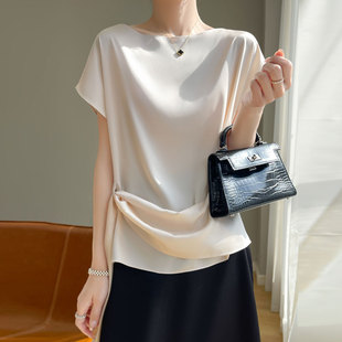 女一字领绑带褶皱醋酸缎面T恤高级显瘦小衫 法式 设计感仿真丝短袖