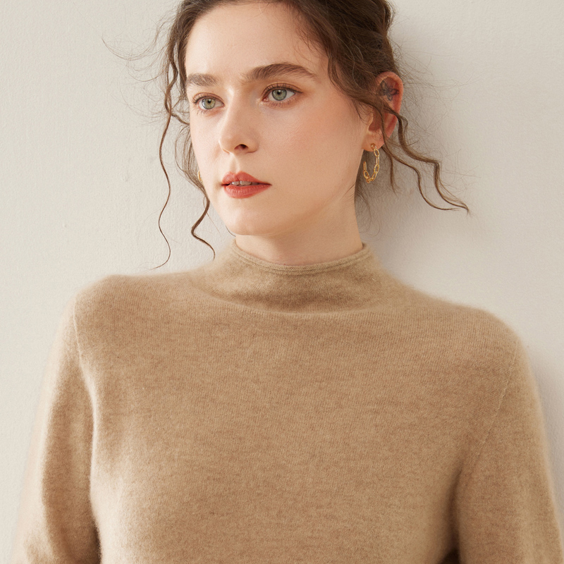 一线成衣羊绒衫女半高领宽松卷边软糯毛衣时尚洋气针织打底羊毛衫