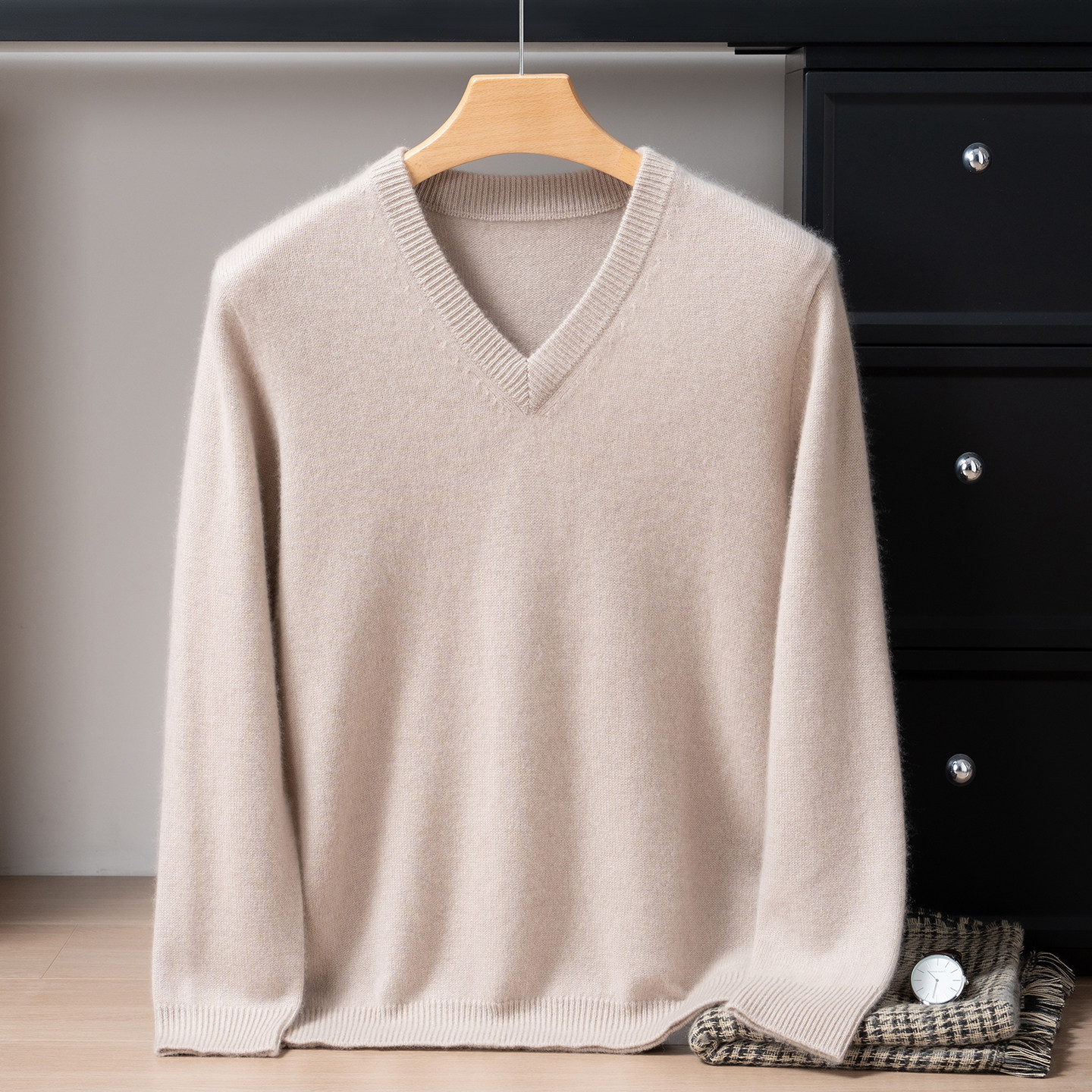 7针加厚100%纯山羊绒衫男士秋冬V领宽松纯色毛衣商务休闲针织打底