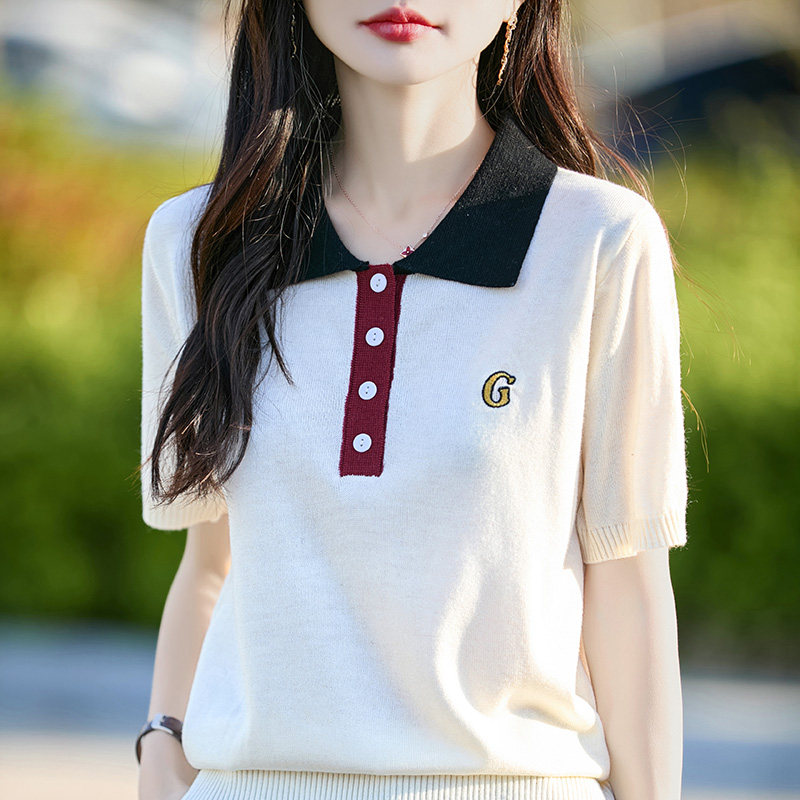 夏季新款精纺羊毛短袖女POLO领拼色刺绣字母半袖时尚显瘦减龄T恤,女装/女士精品,POLO衫,淘宝优惠券,粉丝福利购,淘宝优惠卷
