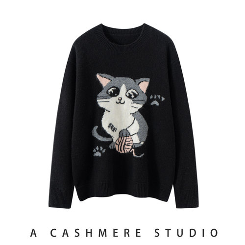灵动小猫山羊绒衫女圆领可爱猫咪嵌花宽松毛衣时尚减龄羊毛衫打底