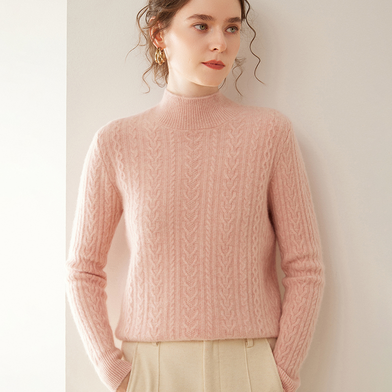 高品质半高领山羊绒衫女秋冬新款宽松提花羊毛衫时尚针织打底毛衣