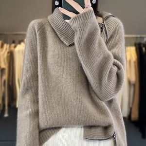100纯羊绒女高领加厚斜拉链显瘦毛衣高翻宽松减龄羊毛针织打底衫