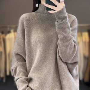 秋冬新款100纯羊绒衫女高领蝙蝠袖慵懒风毛衣宽松羊毛针织打底衫