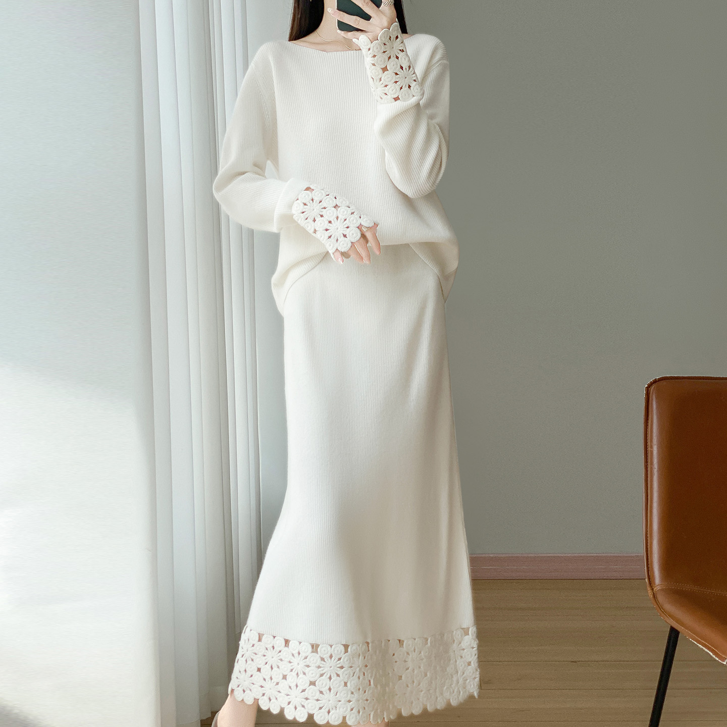 纯手工钩花半身裙两件套装纯羊毛衫女一字领纯色针织毛衣裙子套装